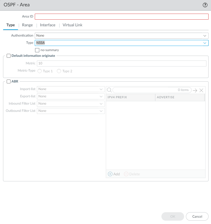 OSPF Area configuration window - Type tab.